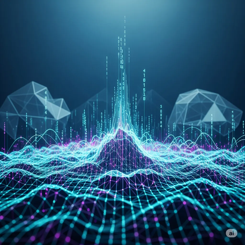 Ein abstrakter, ansteigender Börsenchart als leuchtende 3D-Datenlandschaft, durchzogen von neuronalen Netzen als Symbol für KI, mit geometrischen Strukturen im Hintergrund, die das Metaverse andeuten und technologisches Wachstum symbolisieren.