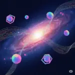 Konzeptbild für 'Vibe Coding' in einer Metaverse-Galaxie, zeigt fließende Codelinien und leuchtende geometrische Formen.